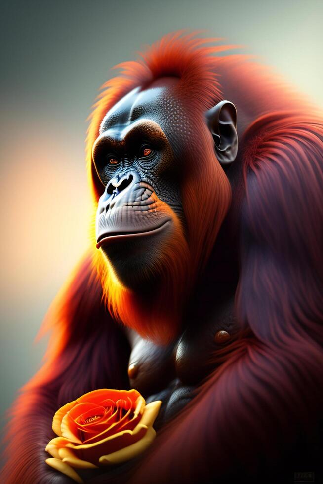 orangutang på en ljus bakgrund. 3d illustration. studio skott. ai genererad foto