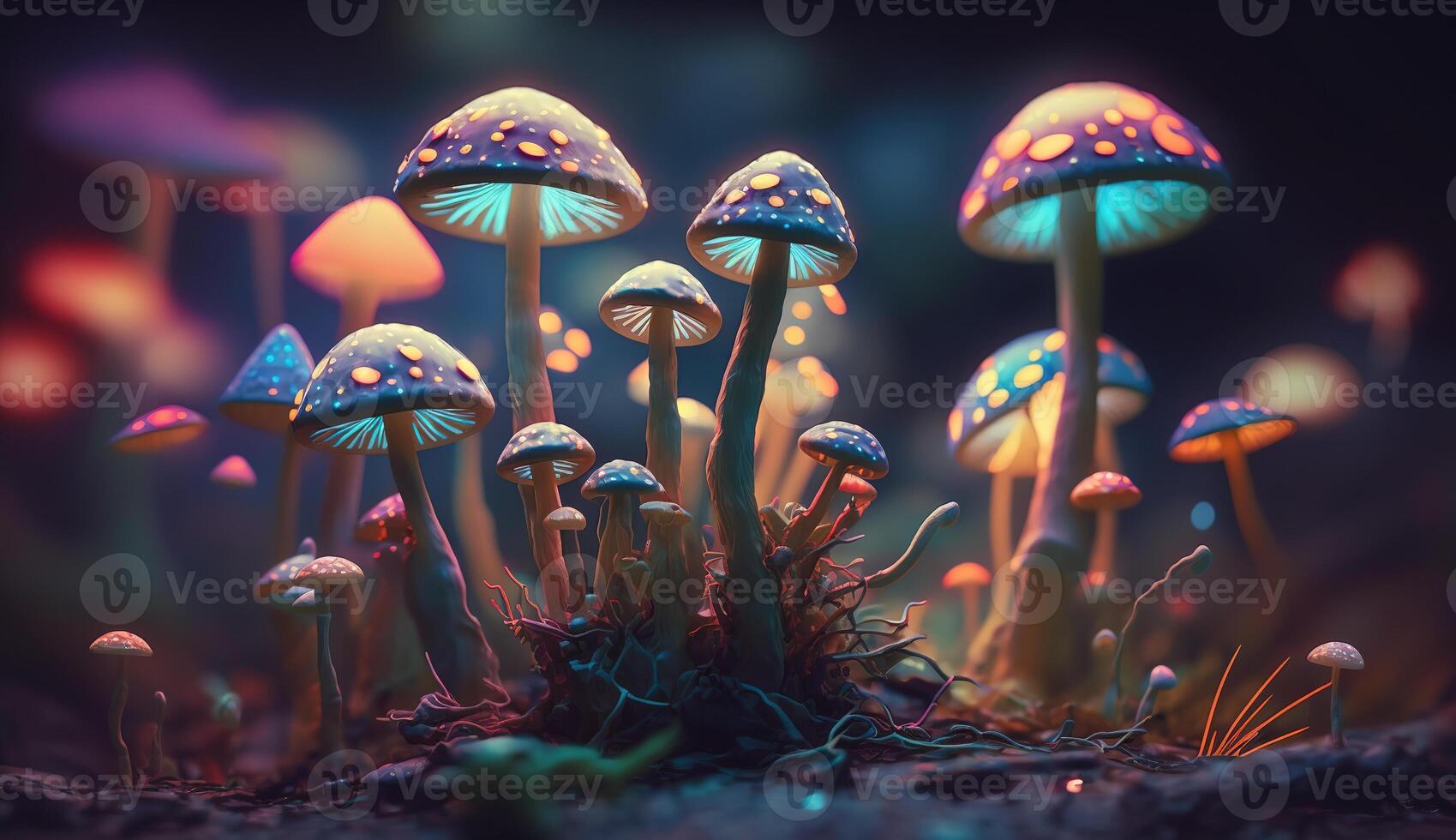 lysande färgrik svamp i en psychedelic Plats fantasi. generativ ai foto