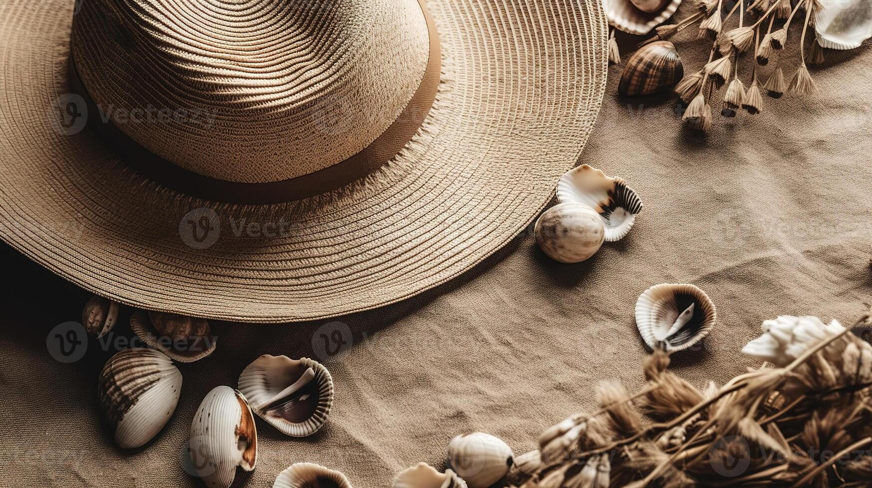 en sommar platt lägga av skal och en hatt på de strand. generativ ai foto