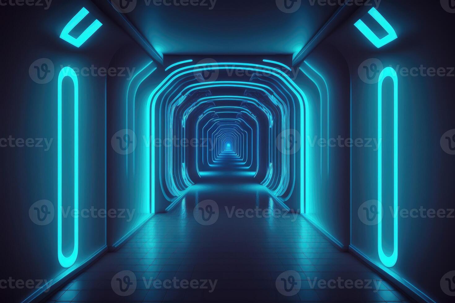 ai genererad natt klubb tömma rum interiör. tunnel eller korridor blå neon bakgrund. foto