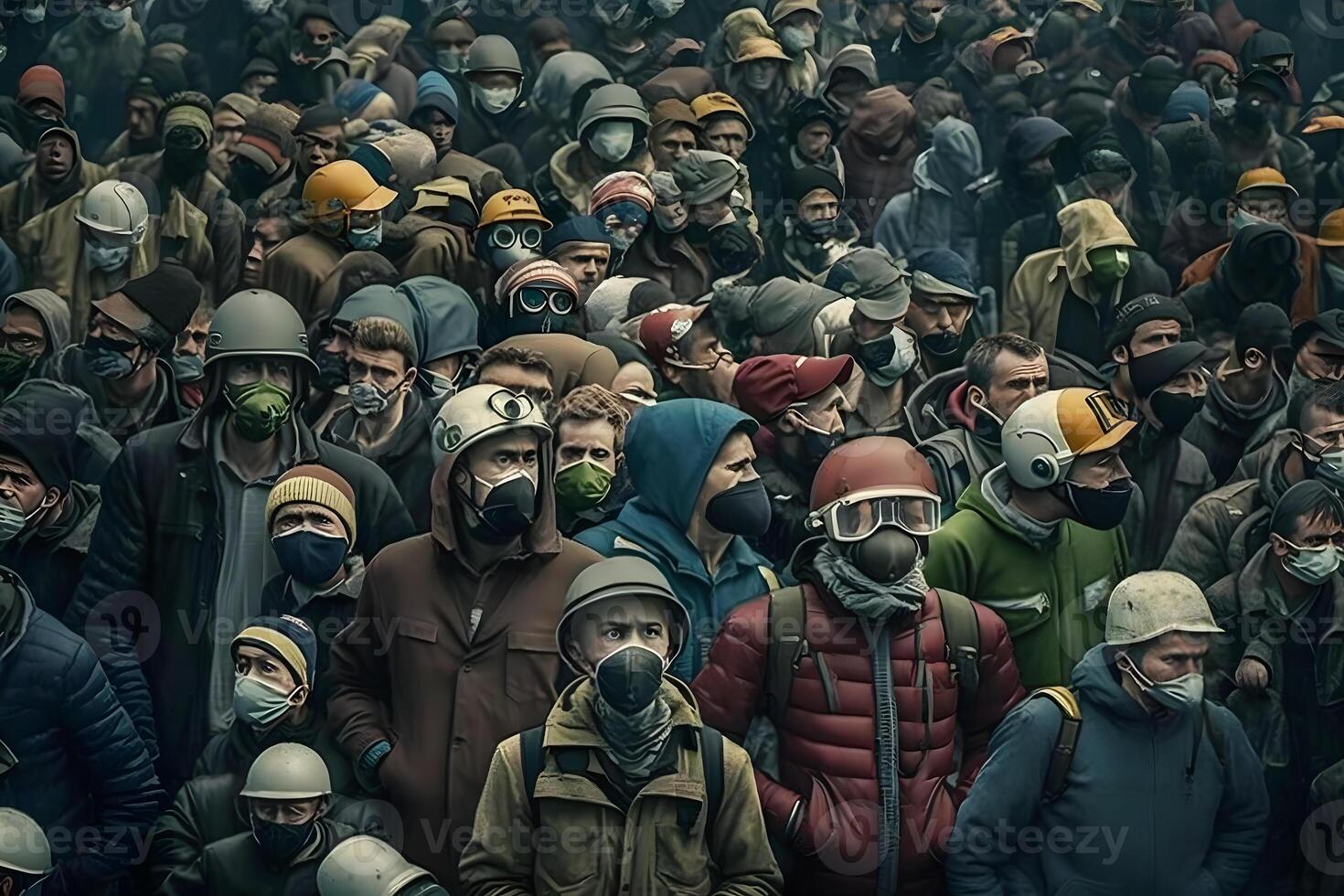 folkmassan av människor i enhetlig och gas mask. begrepp av strålning och virus, miljö- förorening. neuralt nätverk ai genererad foto