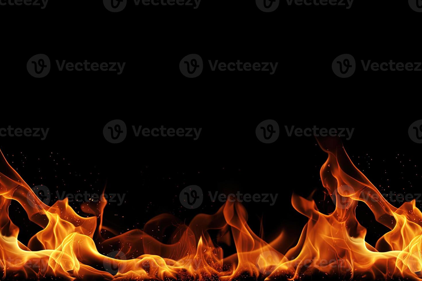 brinnande brand flamma på svart bakgrund med kopia Plats. ai genererad foto