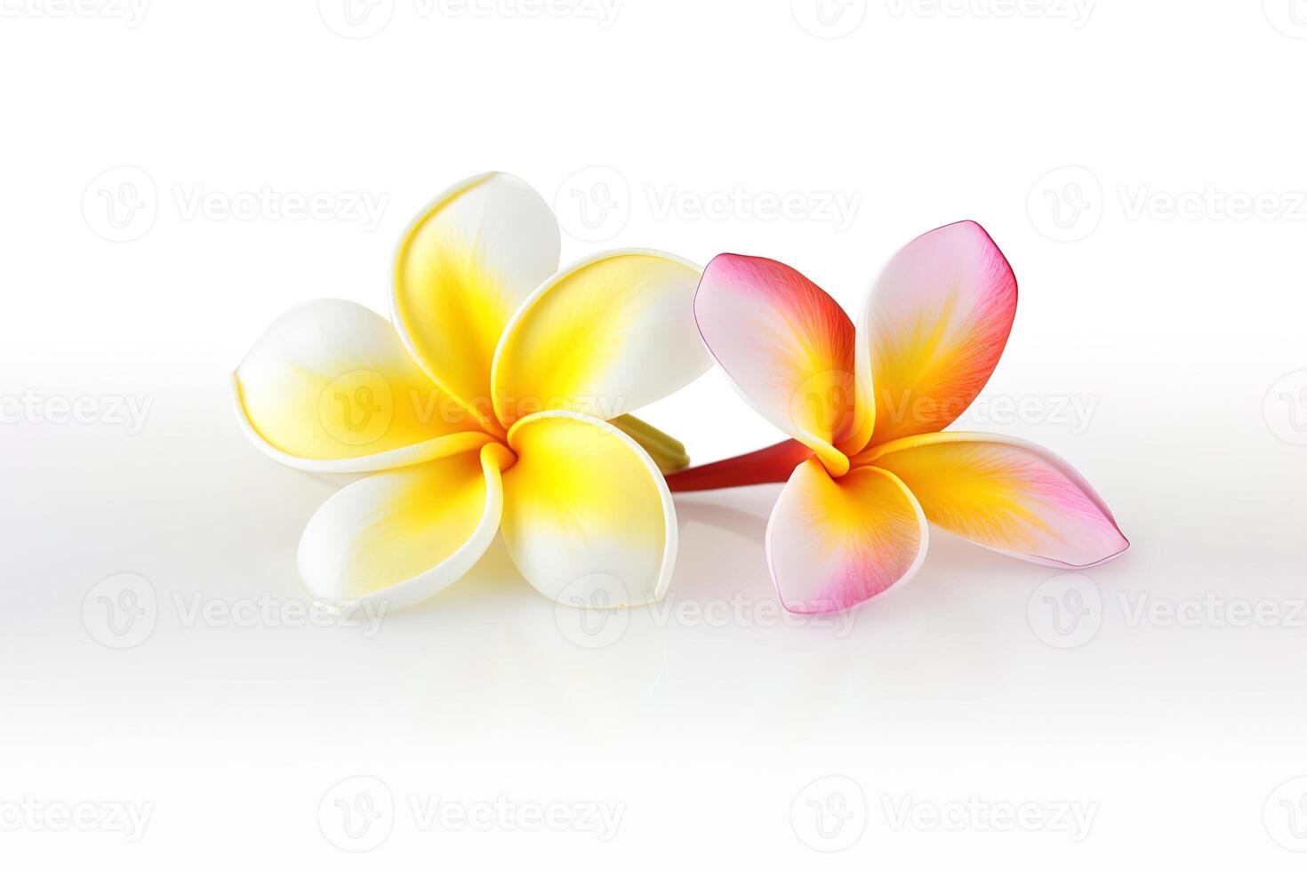 tropisk skön blommor, frangipani plumeria blomma isolerat på vit bakgrund. ai genererad foto