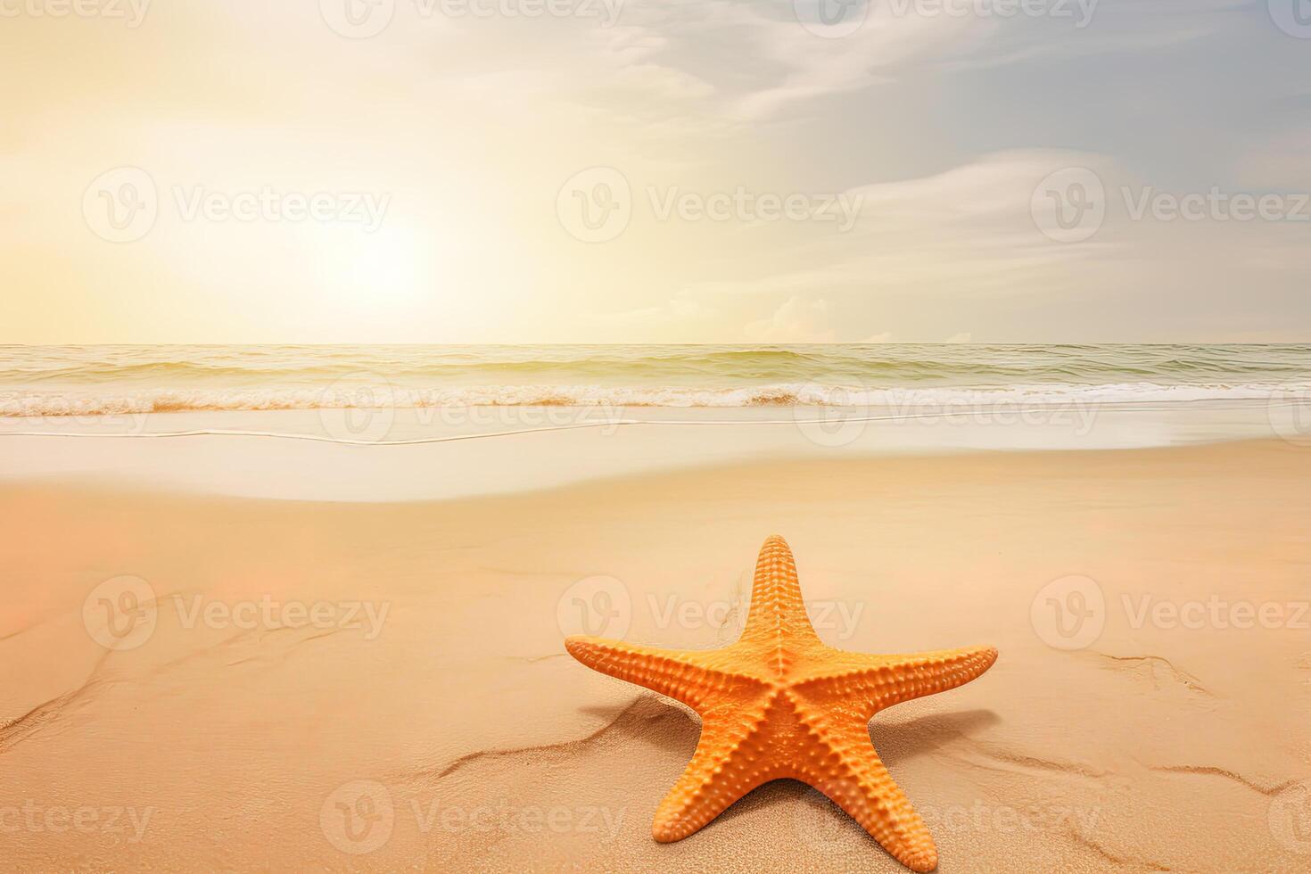 en sjöstjärna på en sandig strand med de hav i de bakgrund. ai genererad foto