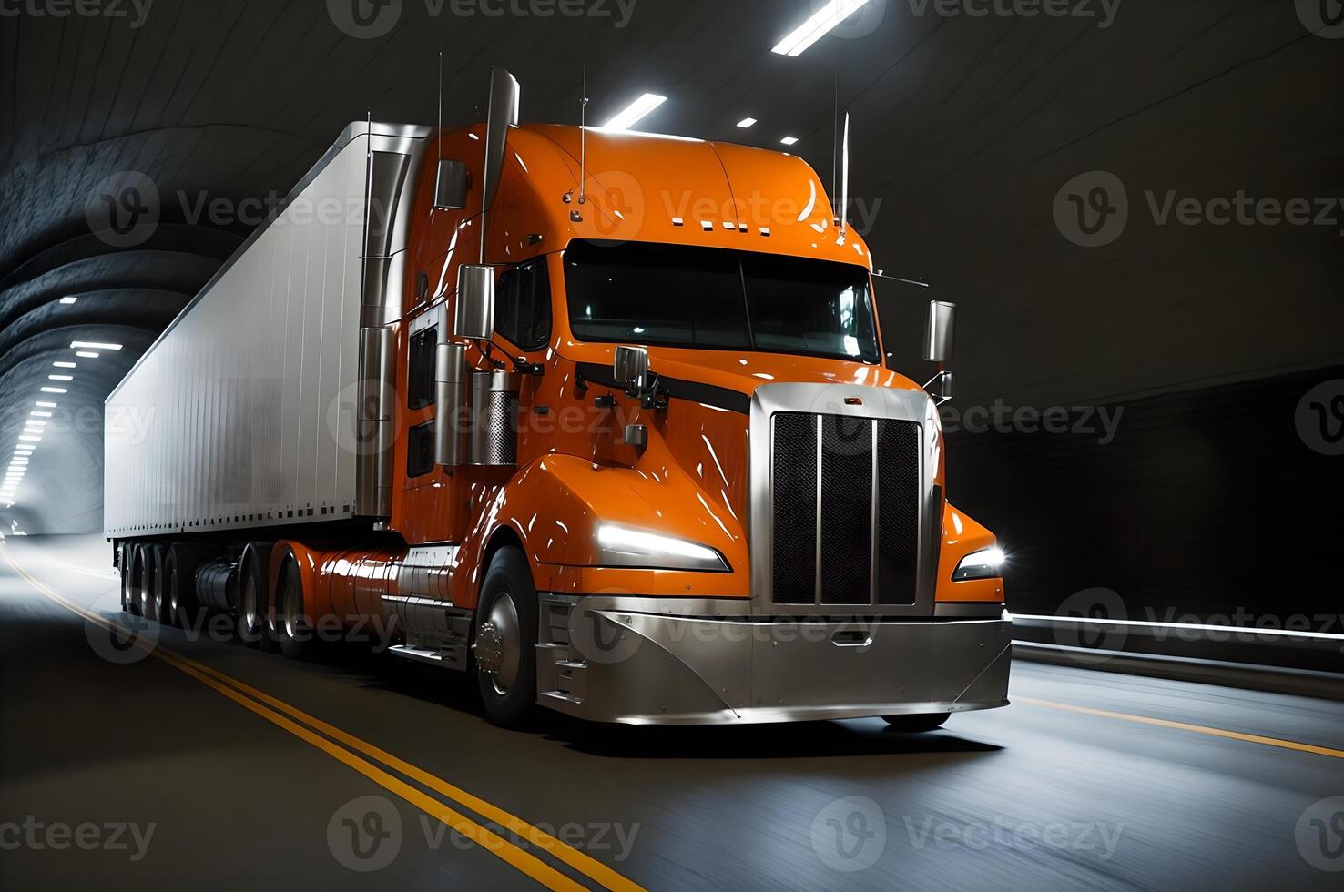 semi lastbil med behållare i tunnel på hög hastighet på motorväg, ai genererad foto