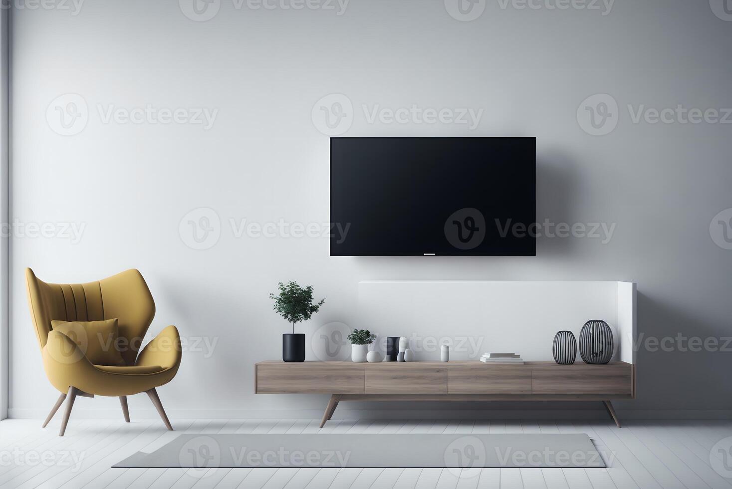 falsk upp en vägg monterad tv med ett fåtölj i en levande rum med en vit vägg.3d tolkning, ai genererad foto