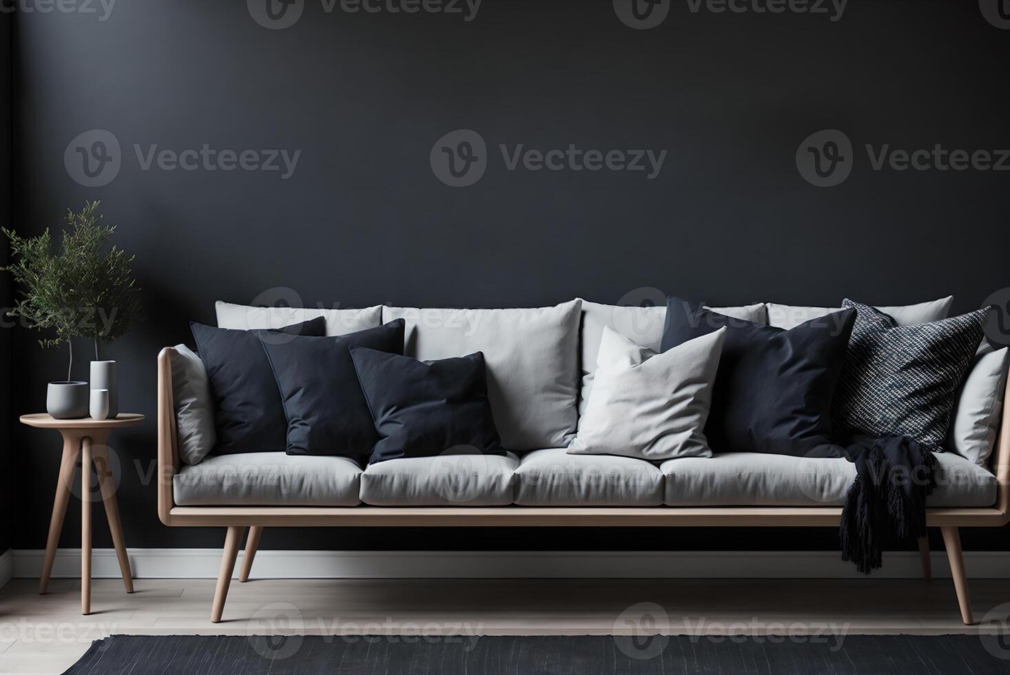 trä- soffa med mörk kuddar i scandi stil levande rum, ai genererad foto