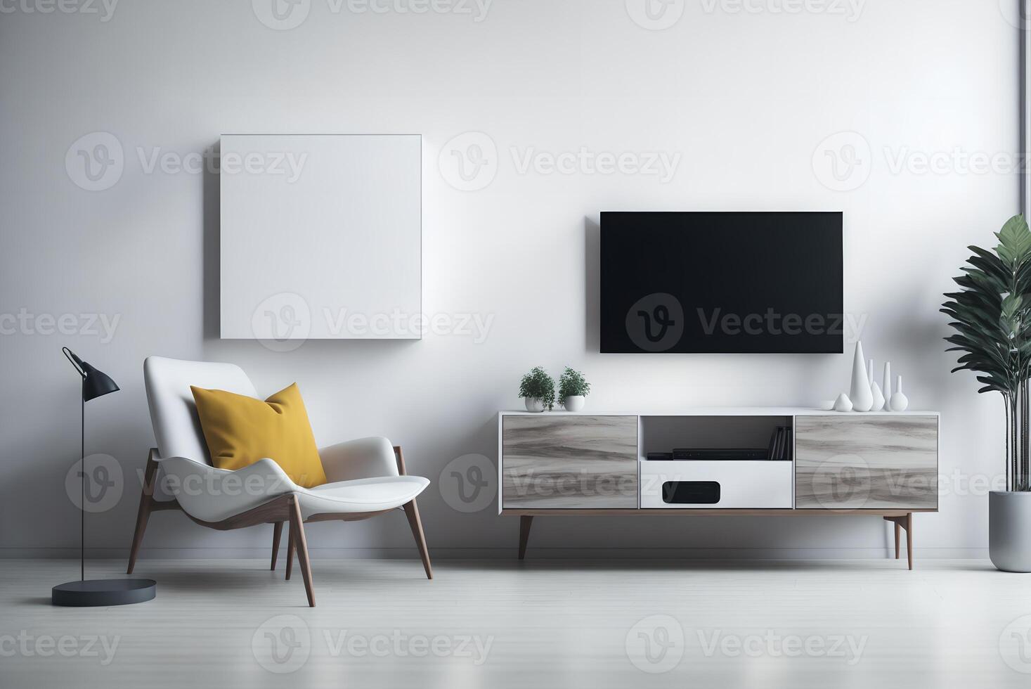 falsk upp en vägg monterad tv med ett fåtölj i en levande rum med en vit vägg.3d tolkning, ai genererad foto