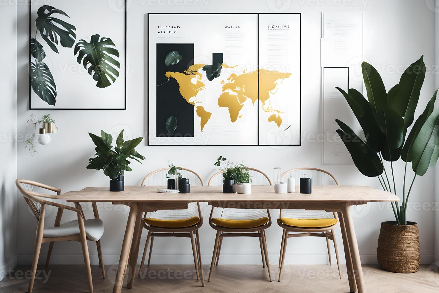 med en falsk upp affisch Karta, säten med en delad tabell design, en guld pedant lampa, och ett attraktiv sittplats, dining rum är modern och unik. vit väggar och hårt träslag golv, ai genererad foto