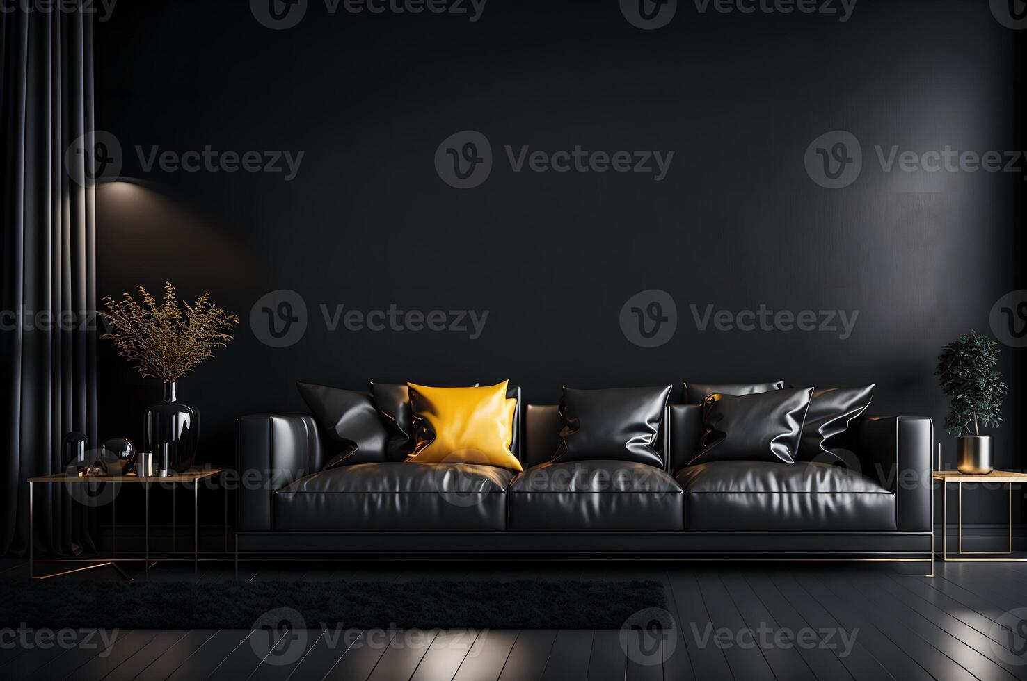 svart läder soffa med en gul kudde och ljus runt om på en svart vägg interiör levande rum med de tom mockup, ai genererad foto