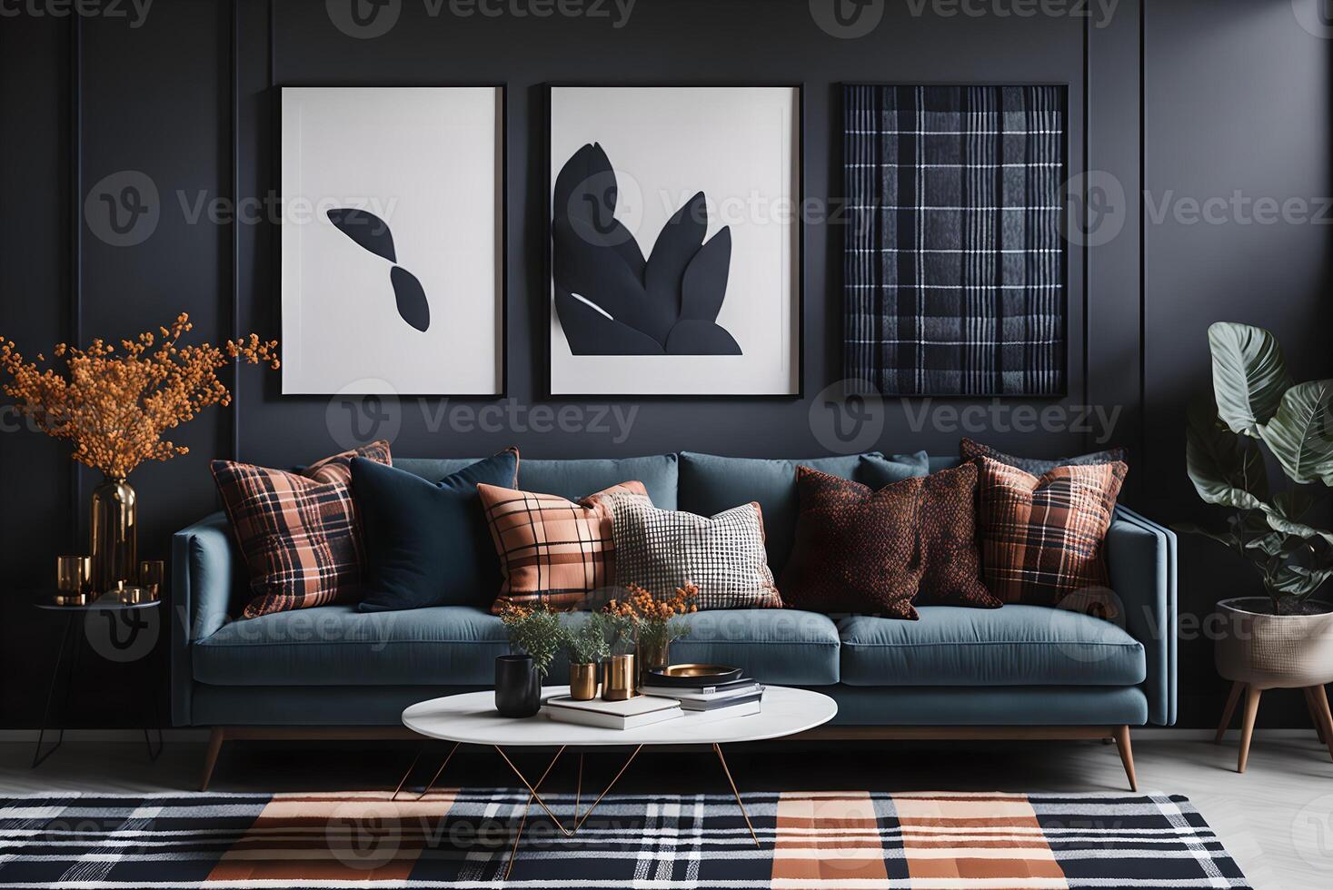 interiör design av mysigt levande rum med eleganta soffa, kaffe tabell, dired blommor i vas, falsk upp affisch, matta, dekoration, kuddar, pläd och personlig tillbehör,ai genererad foto