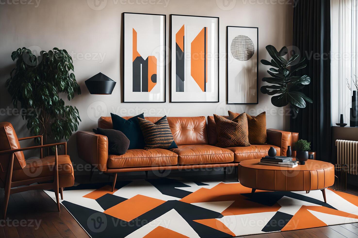 modern levande rum med läder soffa under prototyper tablå, lyx möbel dekoration, ai genererad foto