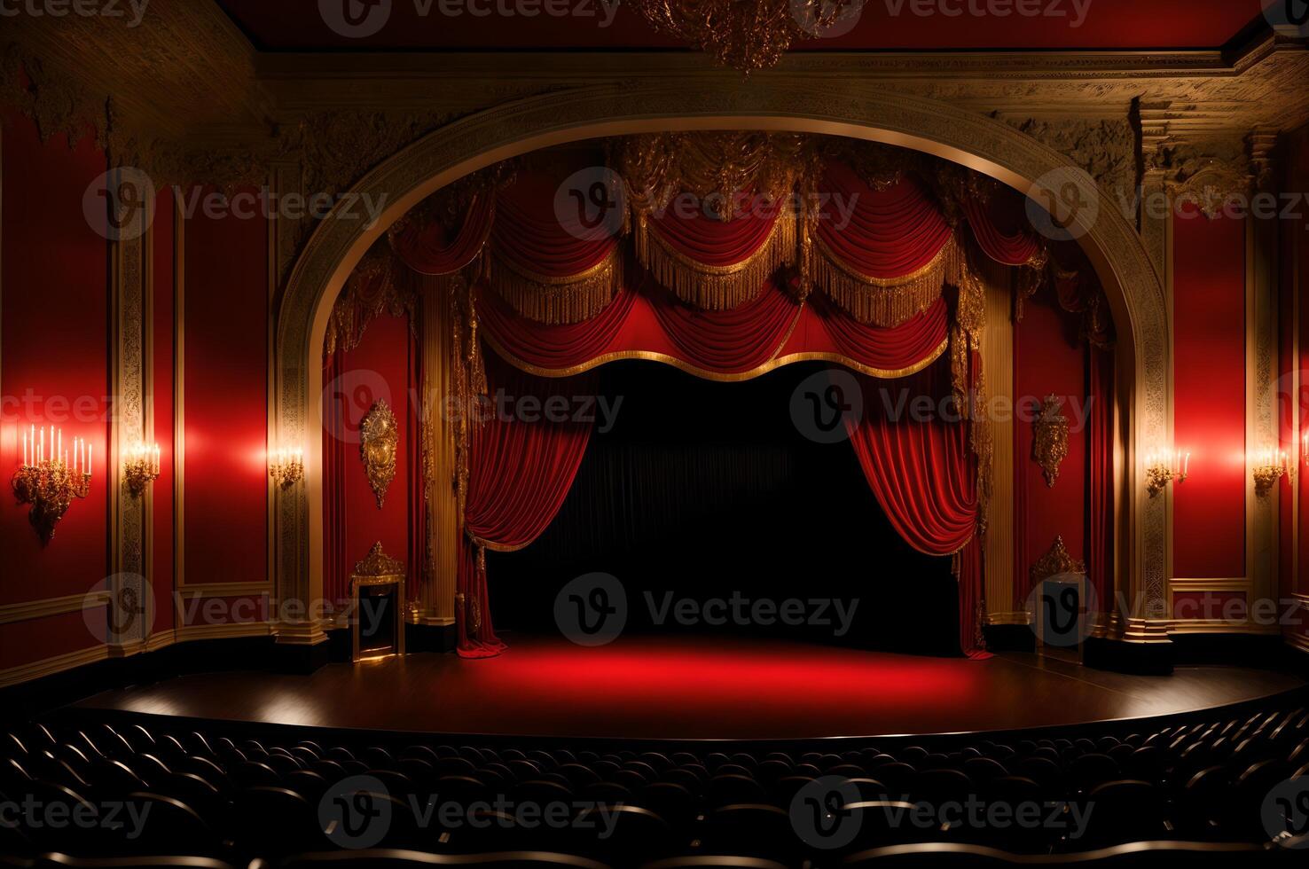 röd skede öppen ridå med strålkastare, teater med röd stolar, tömma teater guld interiör design, ai genererad foto