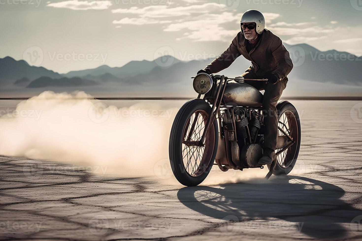 motorcyklist ridning genom uyuni salt platt öken. neuralt nätverk ai genererad foto