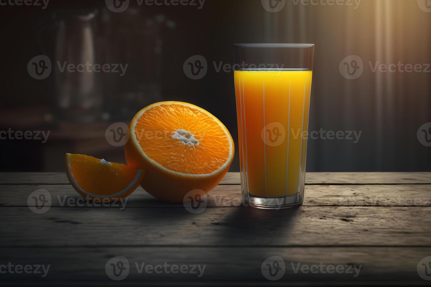 glas av färsk orange juice med färsk frukt på trä- tabell. neuralt nätverk ai genererad foto