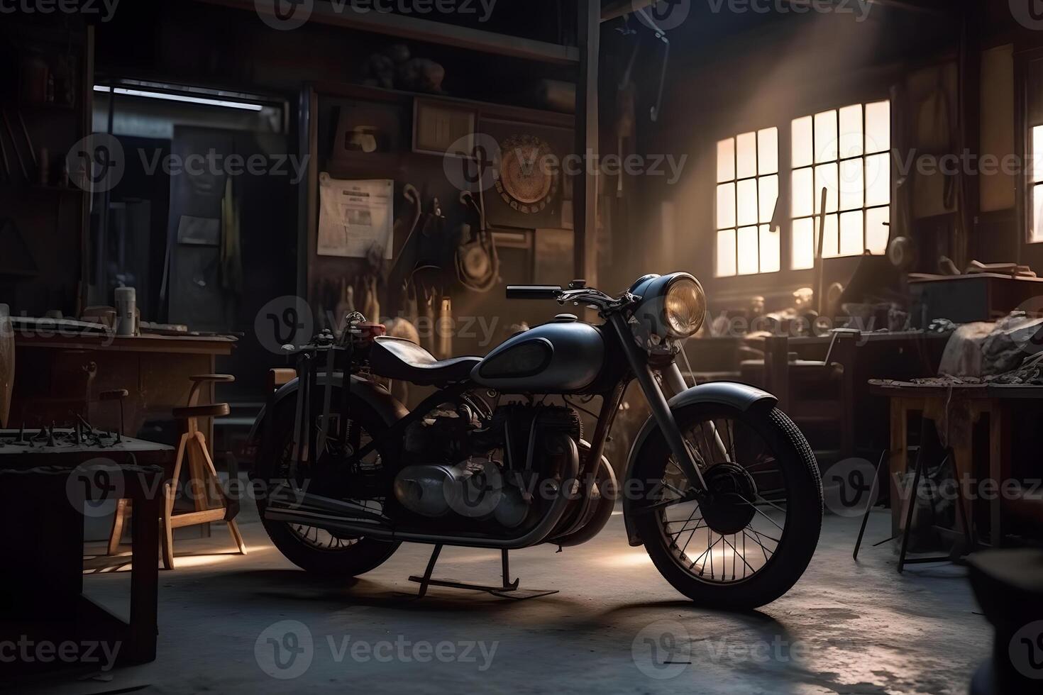 gammal årgång motorcykel i de garage. neuralt nätverk ai genererad foto