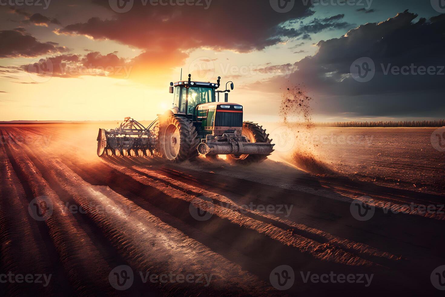 jordbrukare med traktor ympning sådd gröda på jordbruks fält. växter, vete. neuralt nätverk ai genererad foto