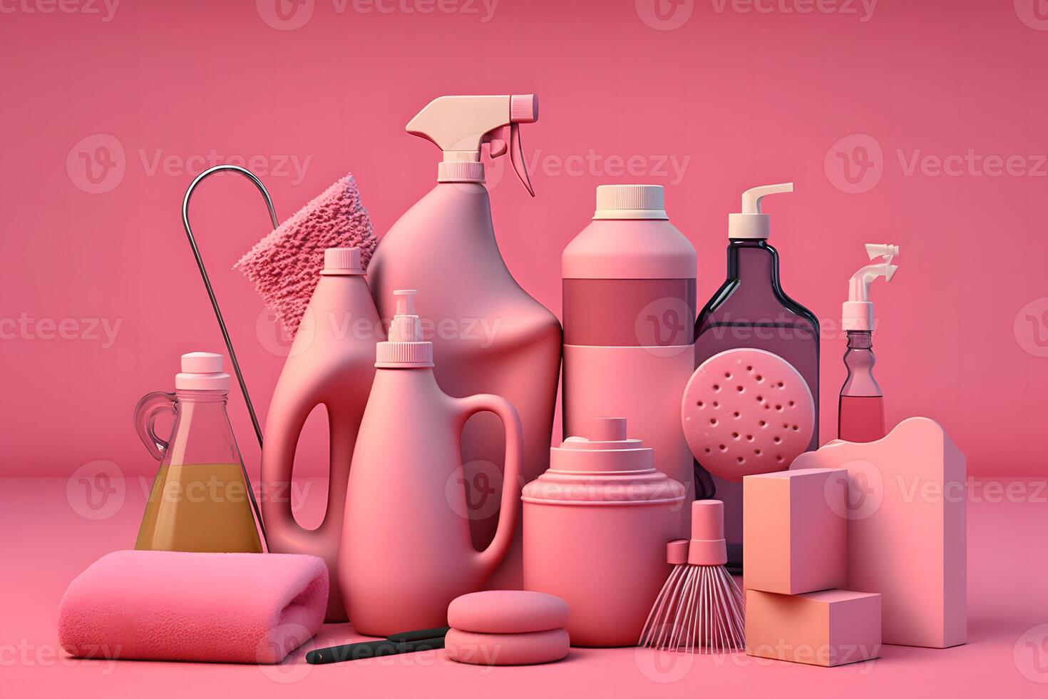 kreativ fortfarande liv med leveranser för rengöring eller hushållning på pallplatser över rosa bakgrund. neuralt nätverk ai genererad foto