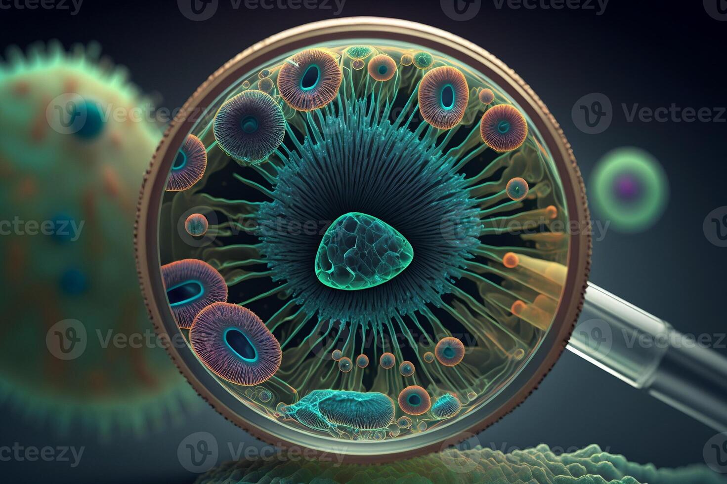 makro närbild av runda bakterie under mikroskop. medicinsk begrepp. ai generativ foto