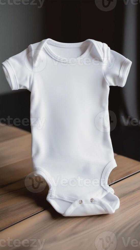 attrapp av vit bebis kroppsdräkt på mörk bakgrund. ai genererad illustration. foto
