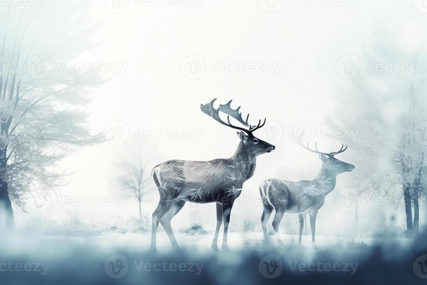 dubbel- exponering av ren och vinter- skog jul Semester ai genererad foto