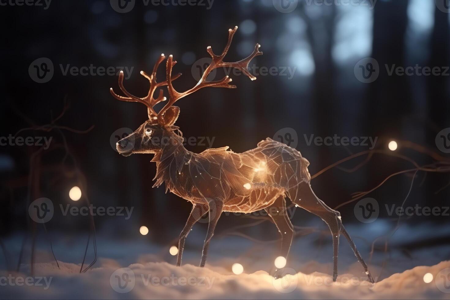 magisk ren med lysande lampor i vinter- scen jul Semester ai genererad foto