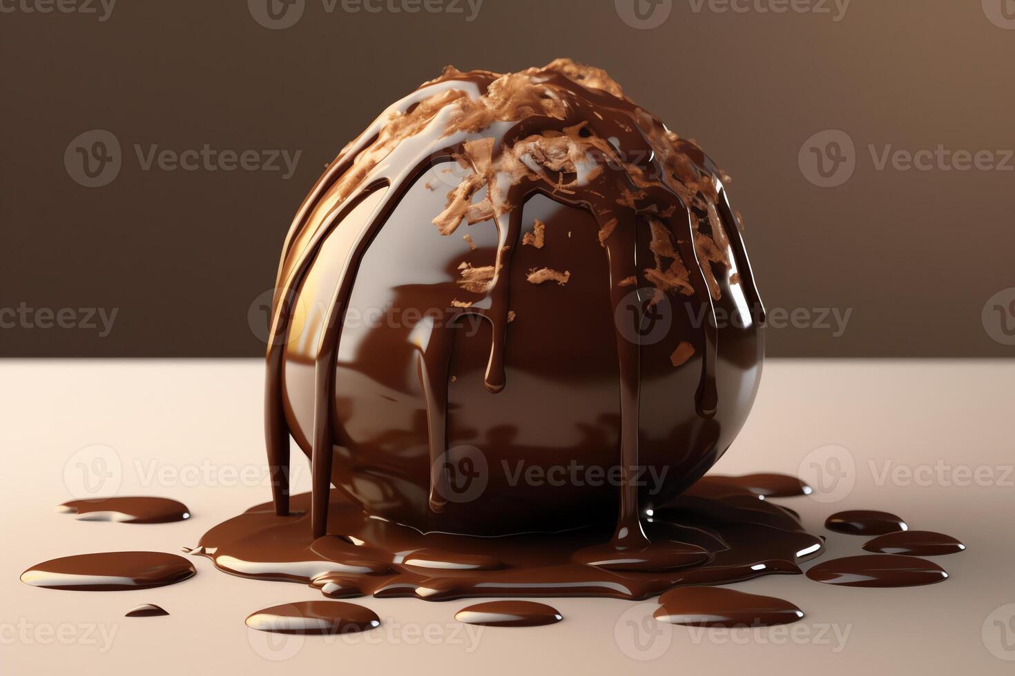 tolkning av en 3d choklad boll toppade med smält choklad sås. ai genererad foto
