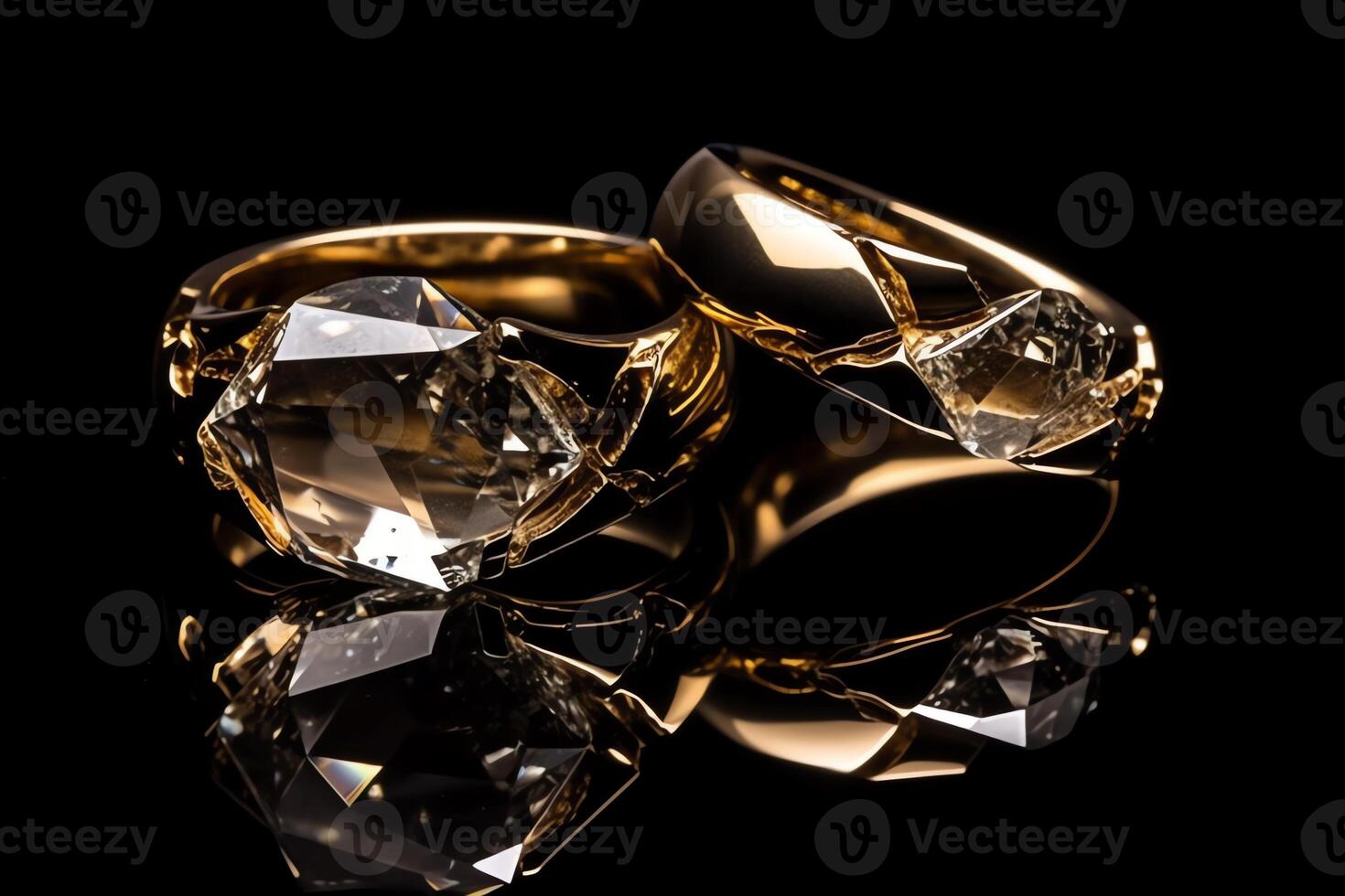 två trasig guld bröllop ringar symboliserar skilja parade med knäckt is betecknande förstörelse. ai genererad foto