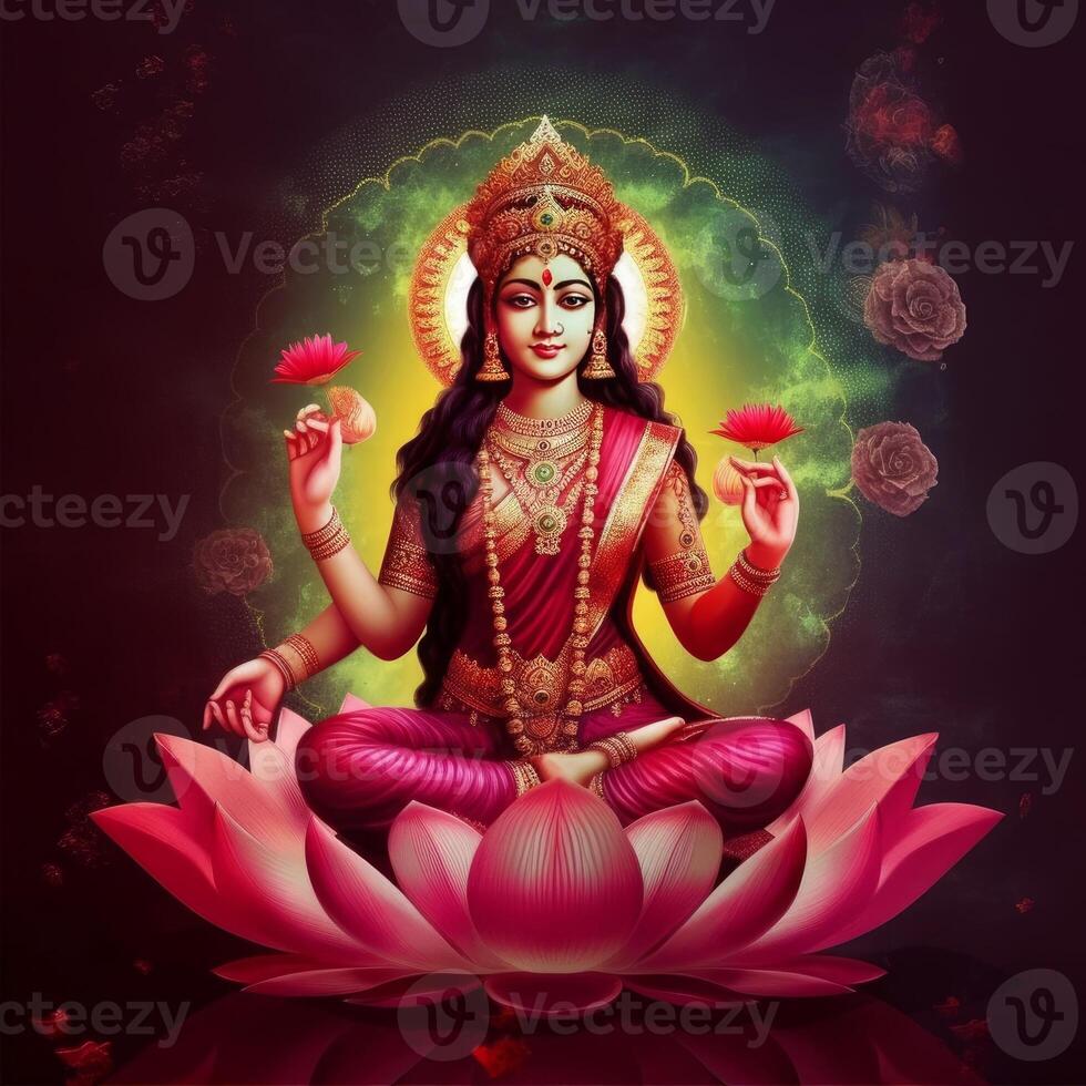 maha lakshmi bilder ladda ner mah laxmi gudinna på lotus bilder generativ ai foto