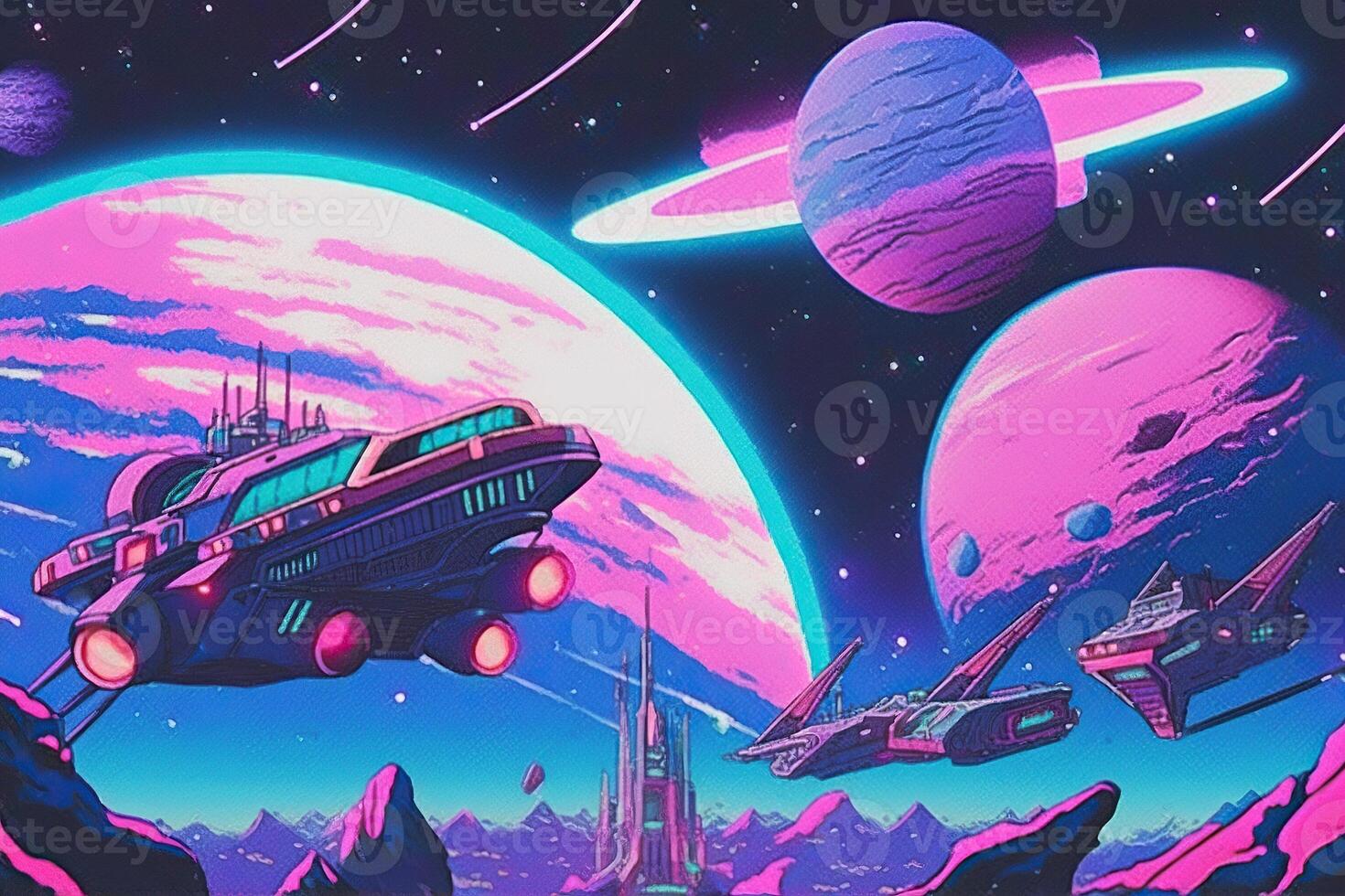 tecknad serie vaporwave rymdskepp, många utomjording planeter i bakgrund, ai genererad foto