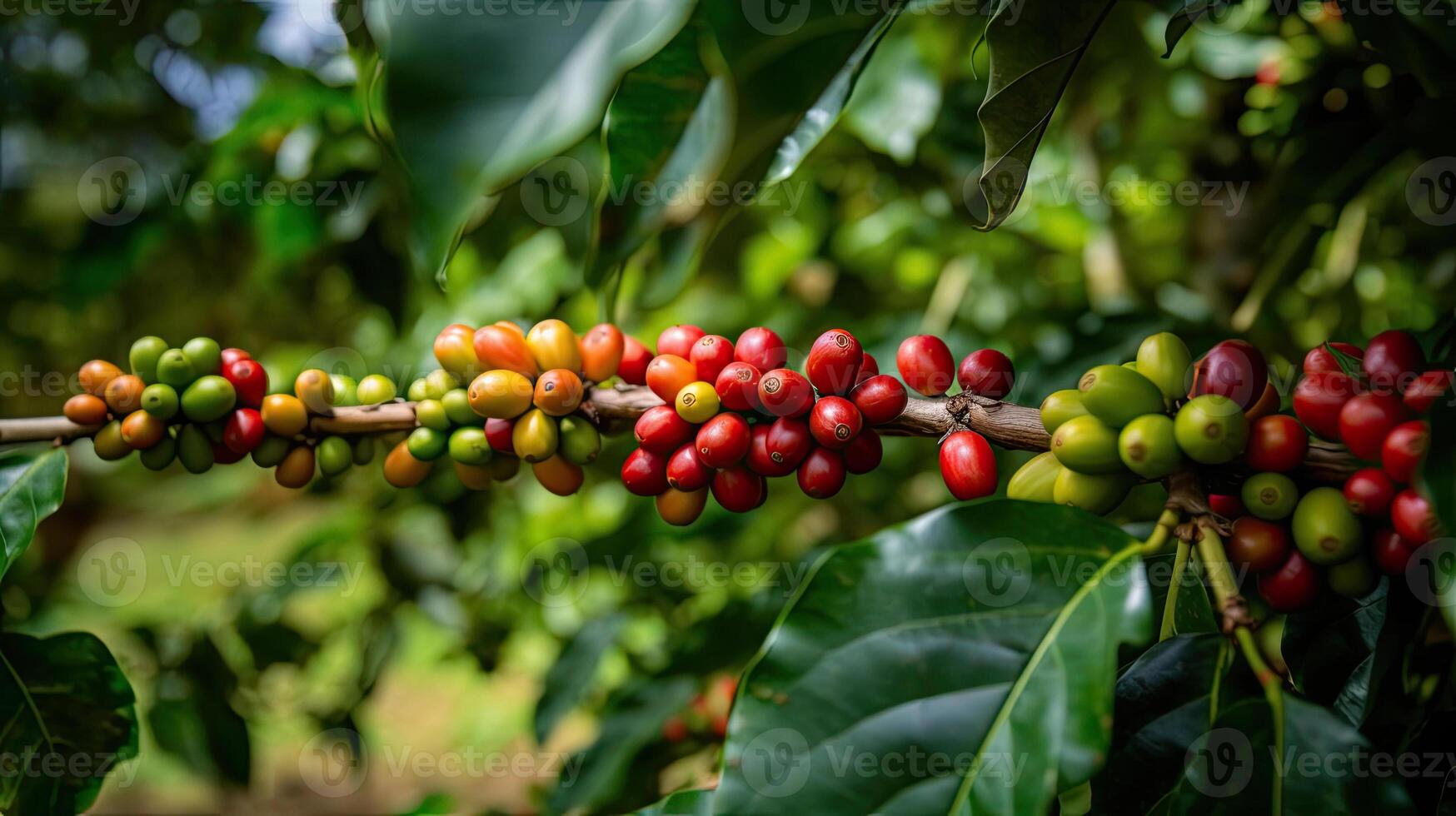 kaffe träd med röd kaffe bönor på kaffe plantage. generativ ai foto