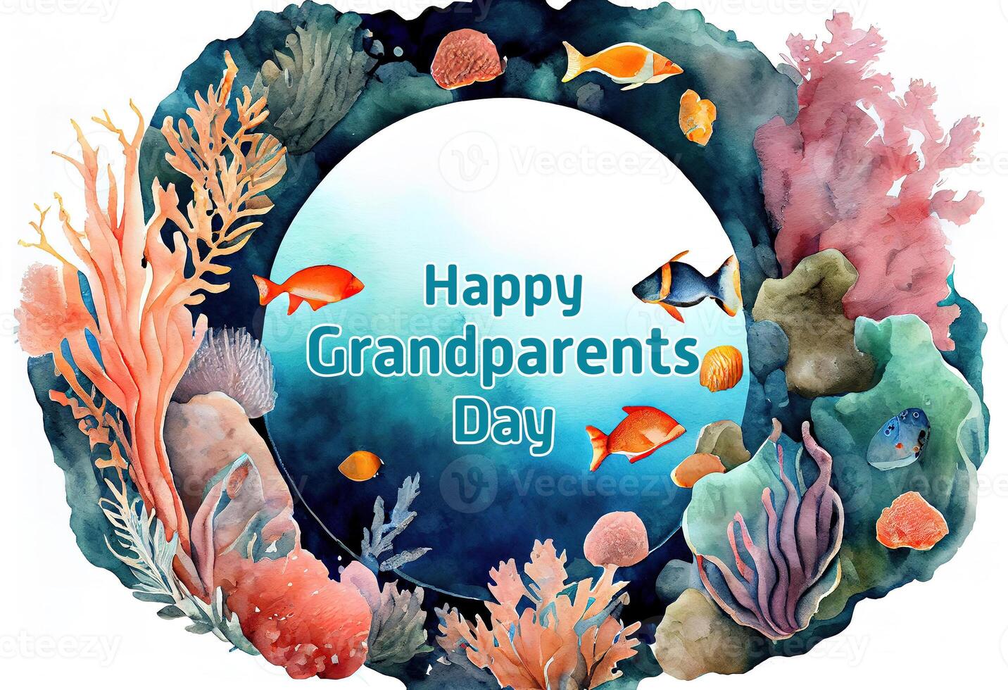 Lycklig farföräldrar dag runda ram form med koraller hav svampar alger och tropisk fisk. generativ ai foto