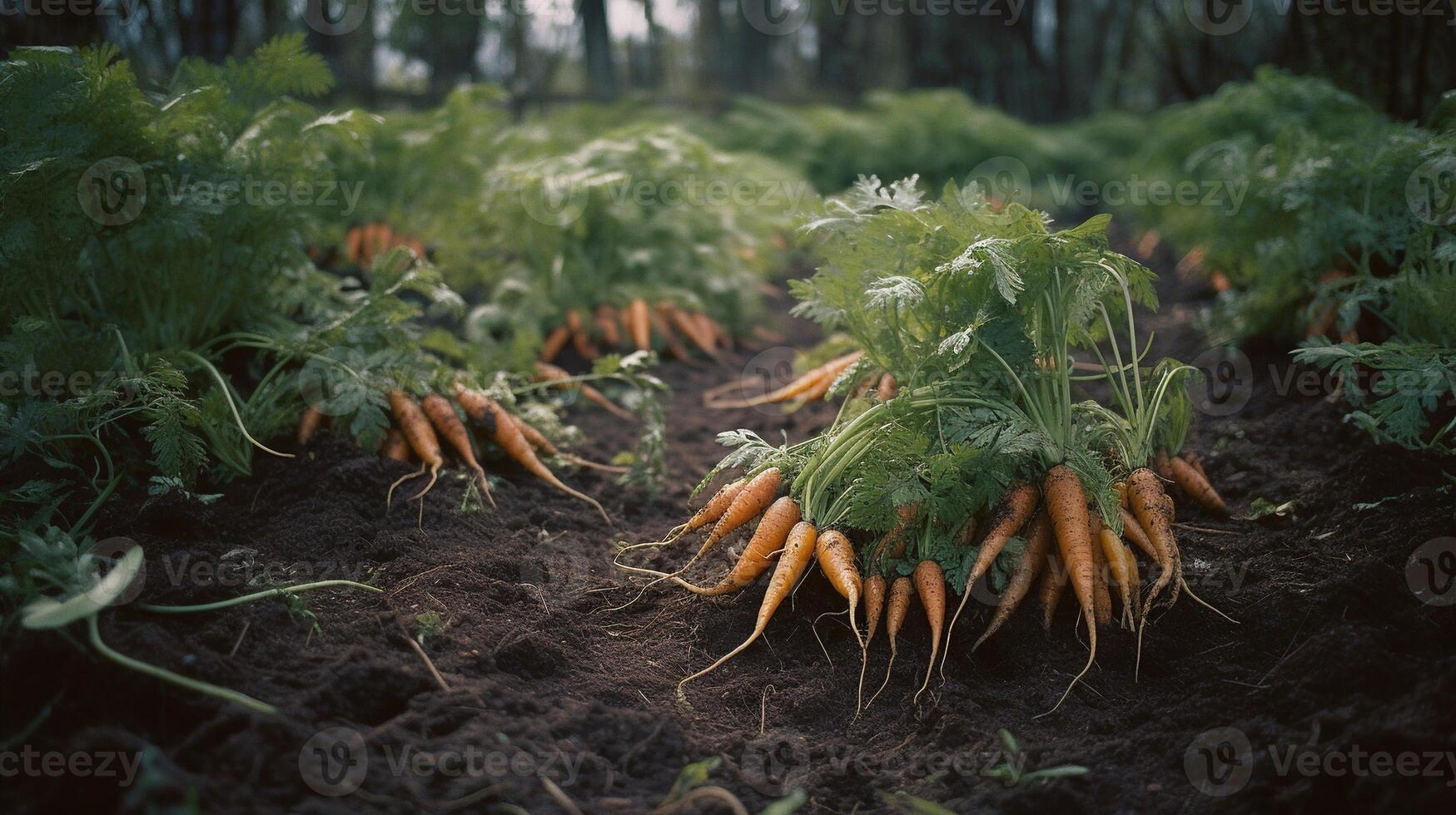 generativ ai, rad av färsk morötter med grön leafs på de jord, grönsaker i de trädgård, en Bra skörda av eco Produkter. foto