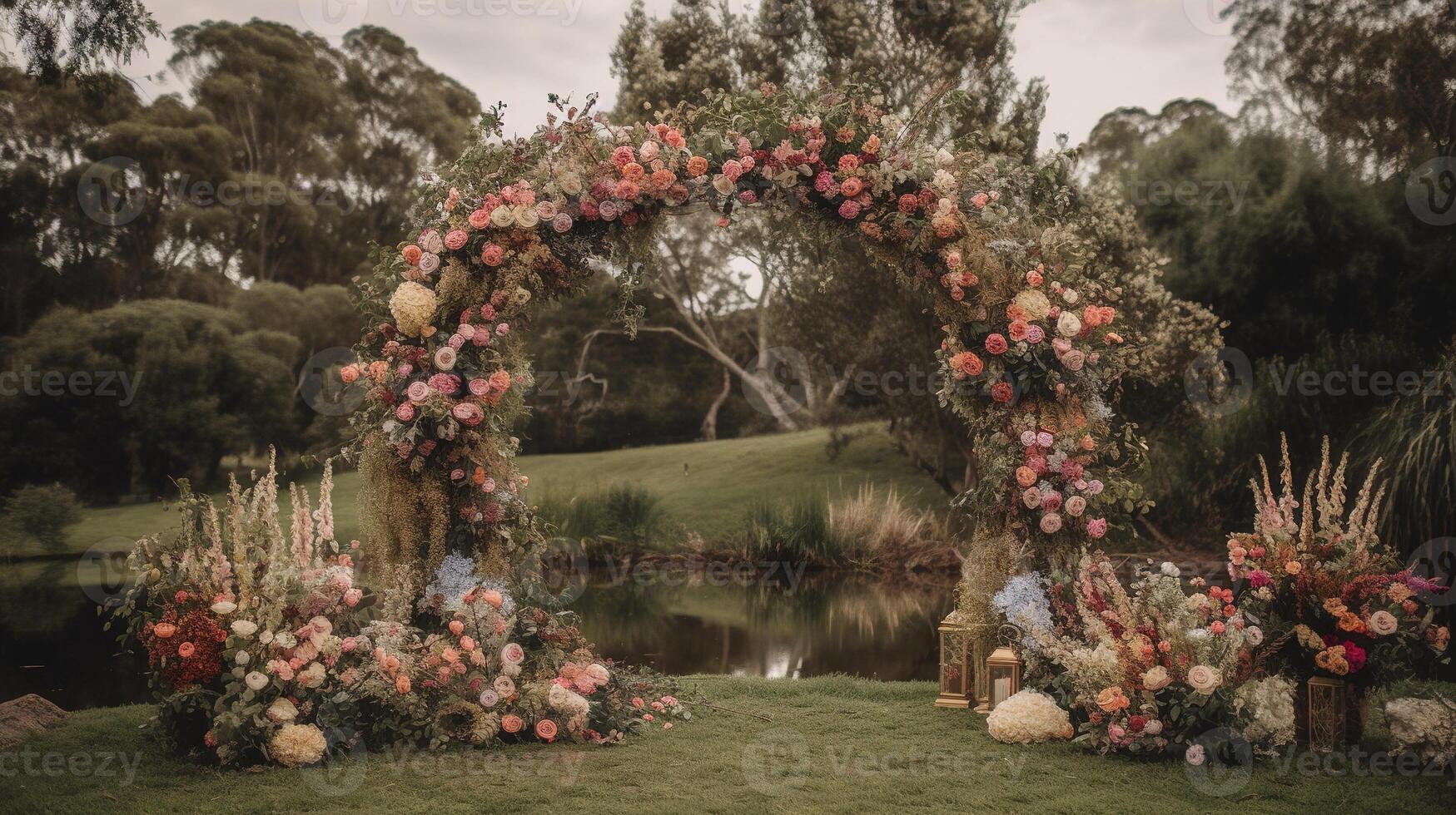 generativ ai, bröllop ceremoni boho rustik stil båge med blommor och växter, blomma buketter. foto