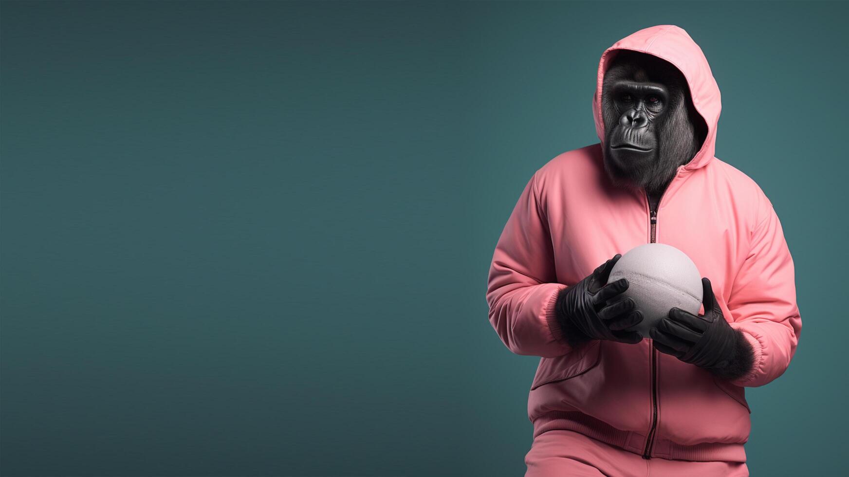 studio porträtt av en gorilla i en jacka innehav en boll, stiliserade som en sporter modell, mot en grön kopia Plats bakgrund. generativ ai foto