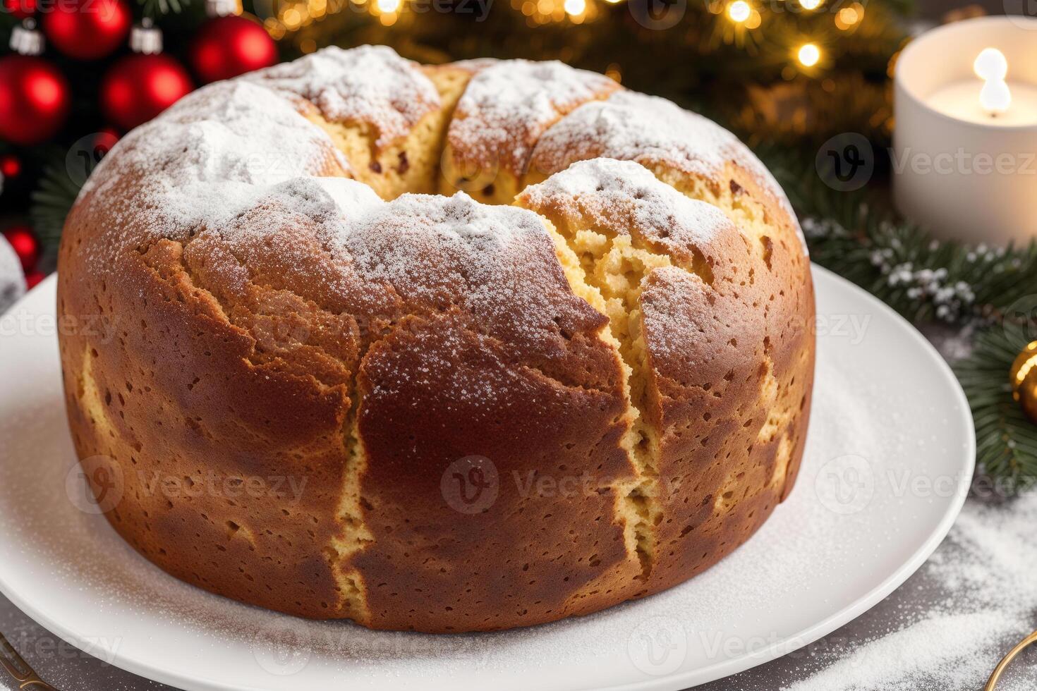 jul kaka med russin och pulveriserad socker. panettone kaka med russin och glasyr socker. generativ ai foto