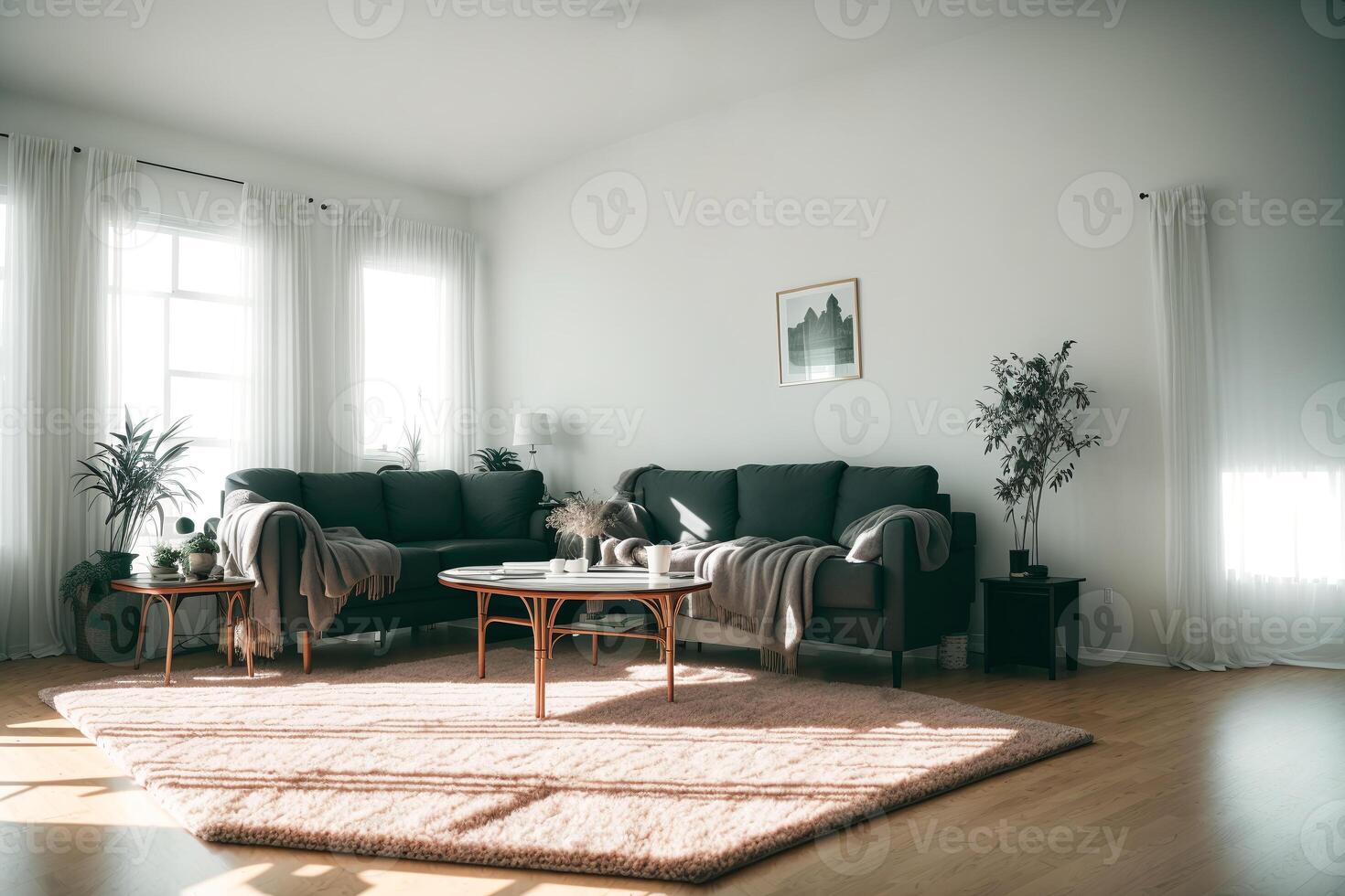 interiör av modern levande rum med soffa, kaffe tabell och växter. generativ ai foto