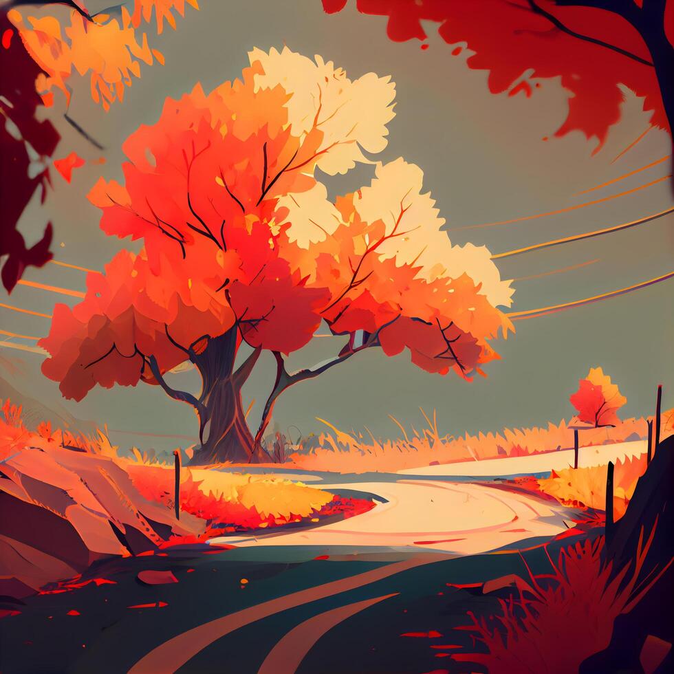 höst landskap med en väg och en träd. illustration., ai generativ bild foto