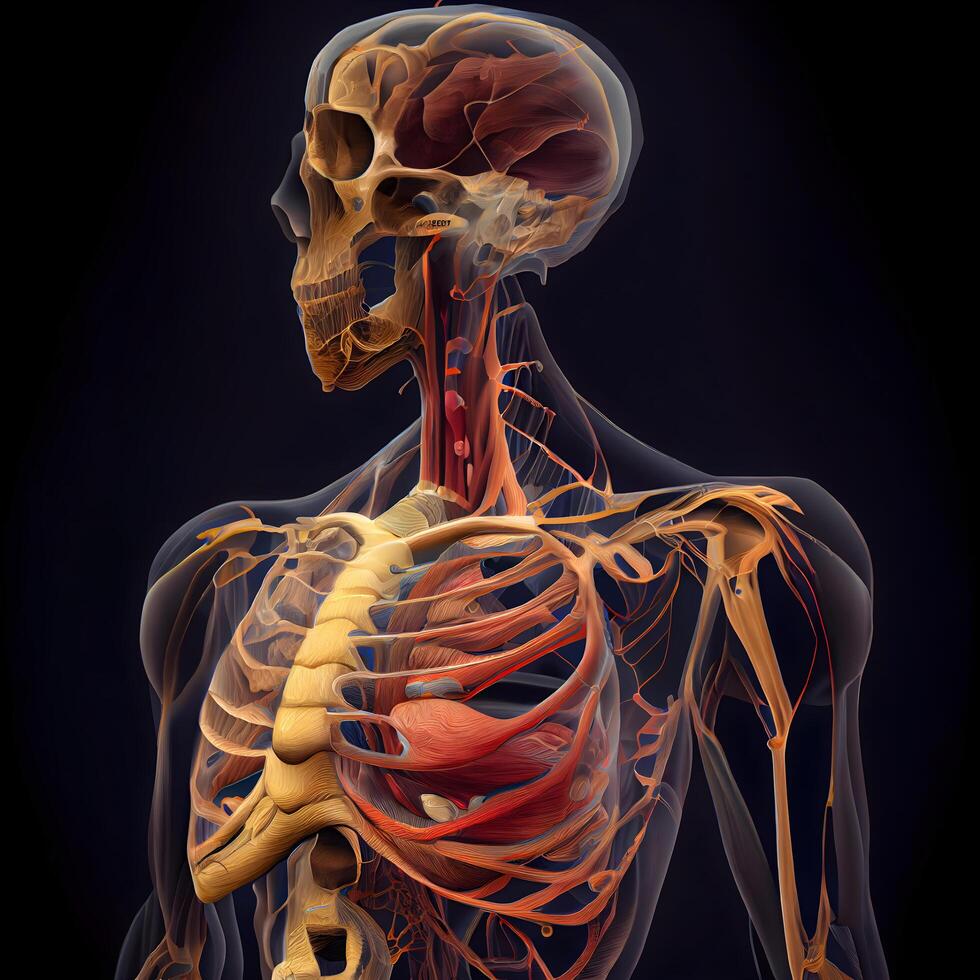 mänsklig skelett anatomi med nervös systemet, 3d illustration, medicinsk begrepp, ai generativ bild foto