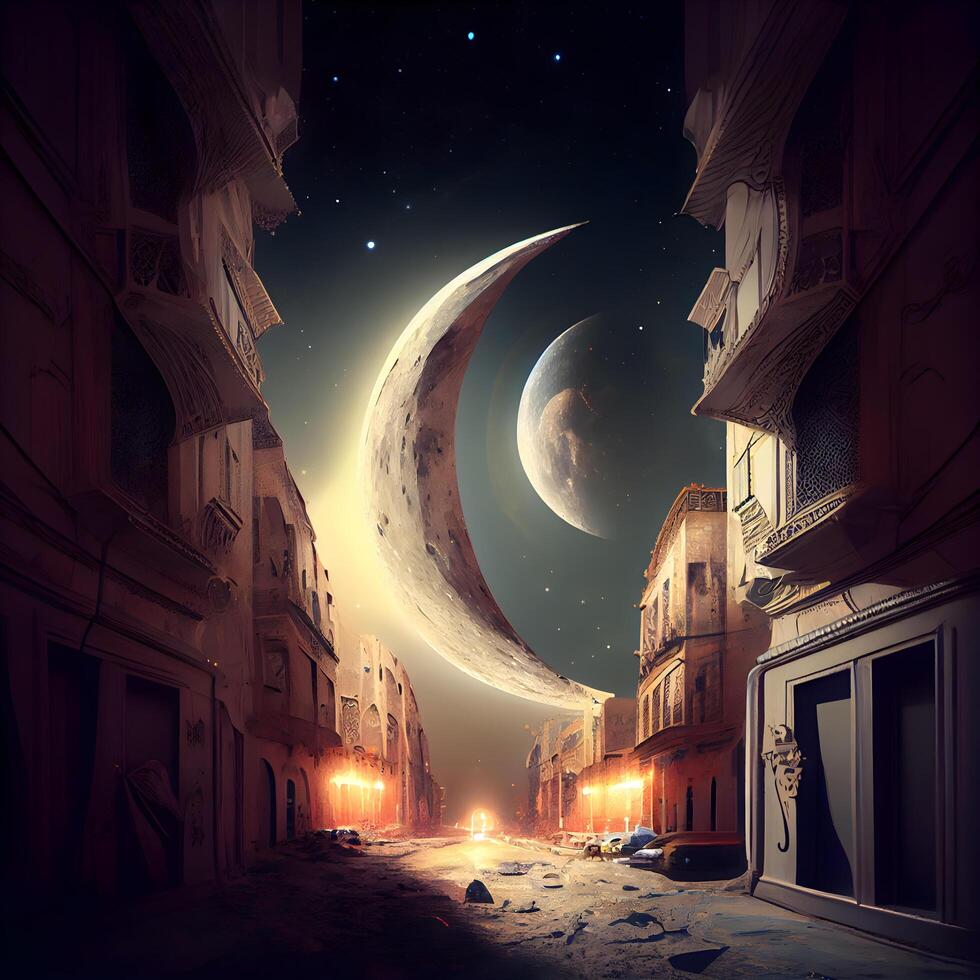 natt stad gata med måne och stjärnor, 3d tolkning. dator digital teckning., ai generativ bild foto
