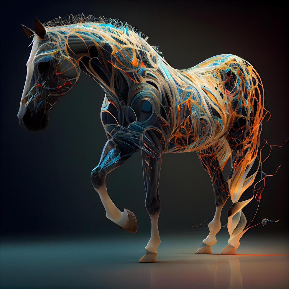 3d tolkning av en häst med abstrakt rader på en mörk bakgrund, ai generativ bild foto