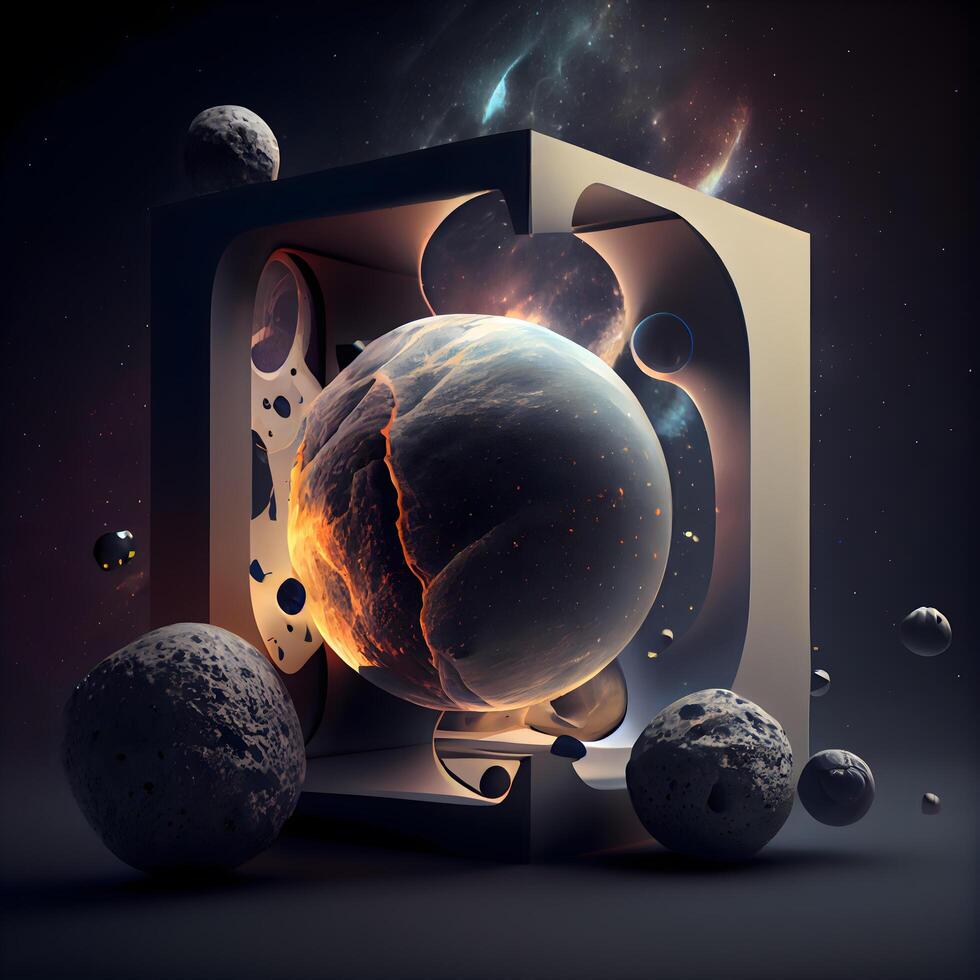 3d illustration av ett öppen låda med planeter och stjärnor i Plats, ai generativ bild foto