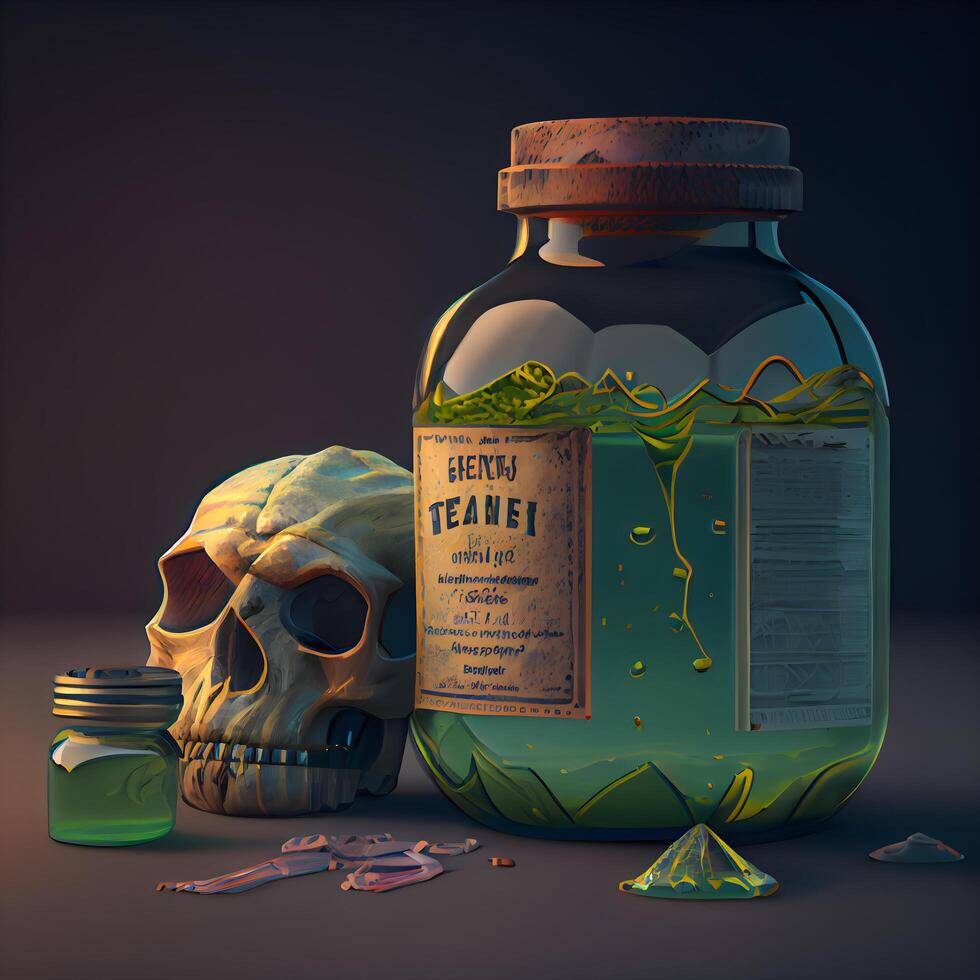 flaska av förgifta med skalle på mörk bakgrund. 3d illustration, ai generativ bild foto