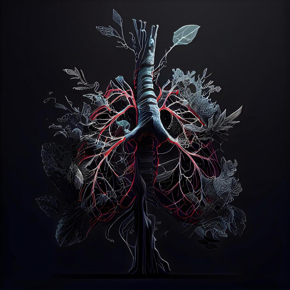 mänsklig hjärta med vener och artärer på svart bakgrund. illustration., ai generativ bild foto