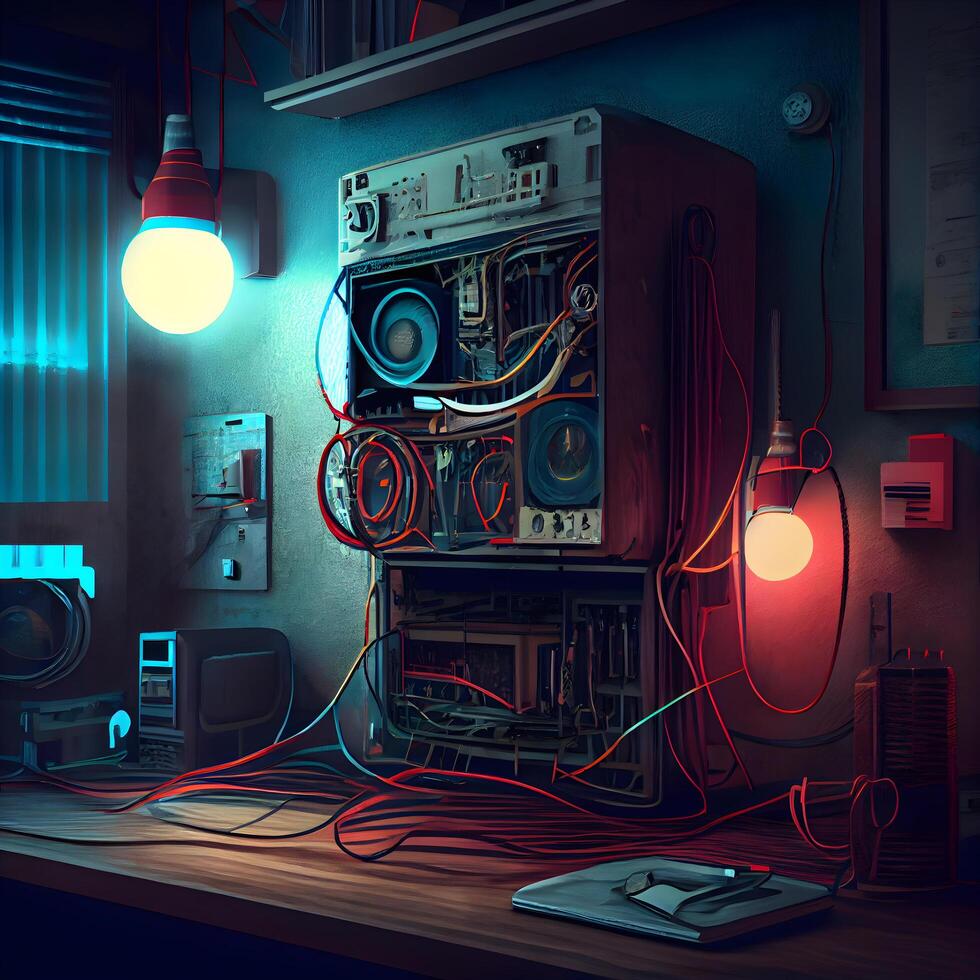 3d tolkning av ett gammal radio i en mörk rum med lampor, ai generativ bild foto