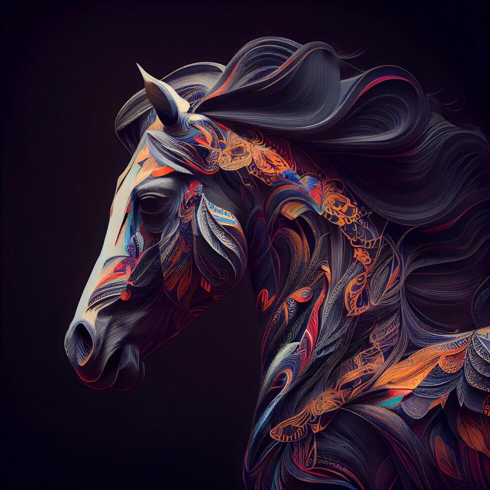 färgrik häst huvud med abstrakt mönster på svart bakgrund. illustration, ai generativ bild foto