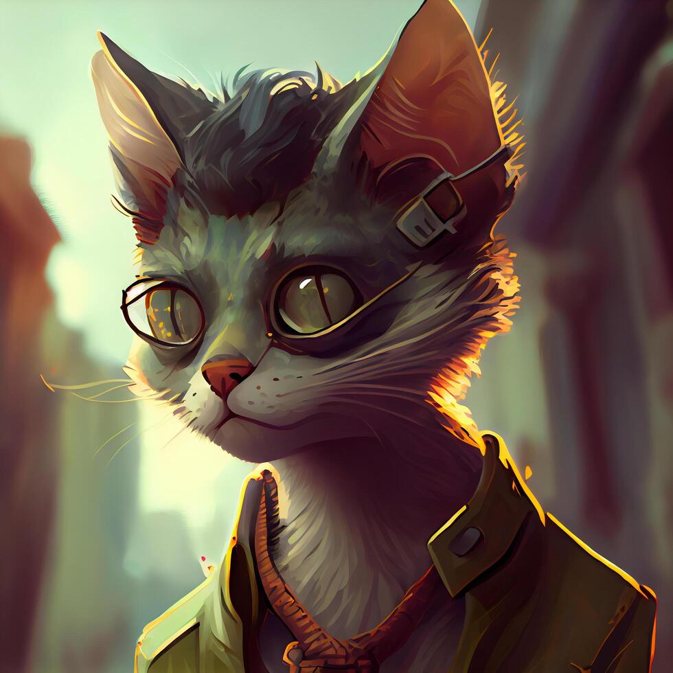 porträtt av en katt med glasögon i de stad. digital målning., ai generativ bild foto