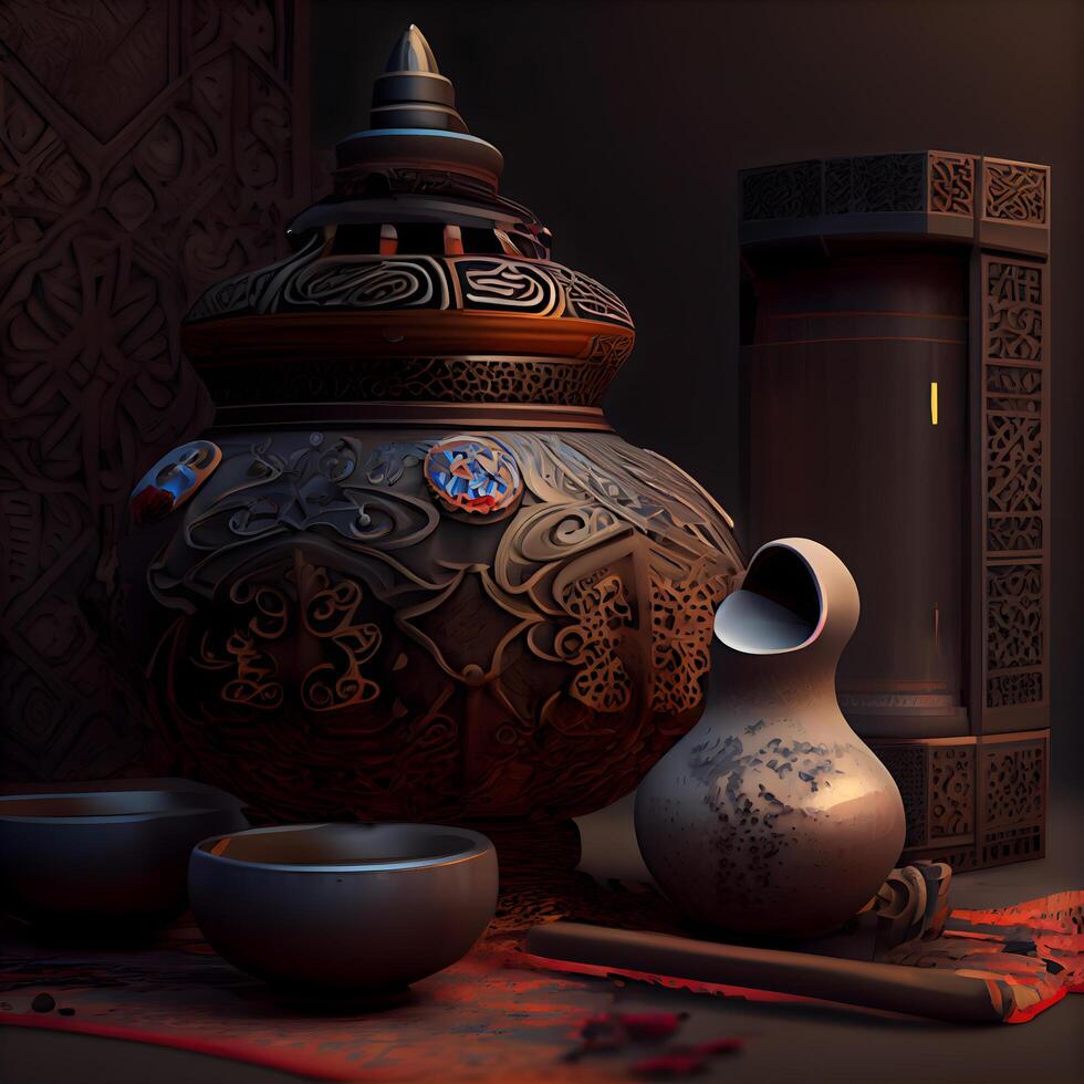 3d tolkning av lergods i orientalisk stil., ai generativ bild foto