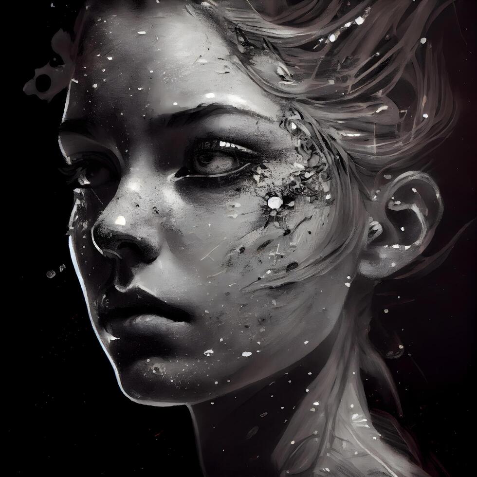 porträtt av en skön flicka med en målad ansikte på en svart bakgrund, ai generativ bild foto