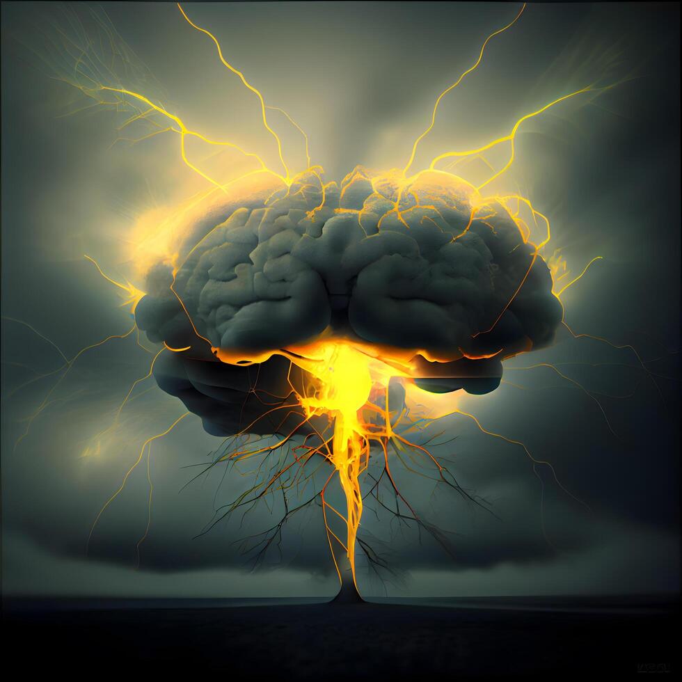 brainstorming begrepp som en mänsklig hjärna med blixt- i de stormig himmel som en 3d illustration., ai generativ bild foto